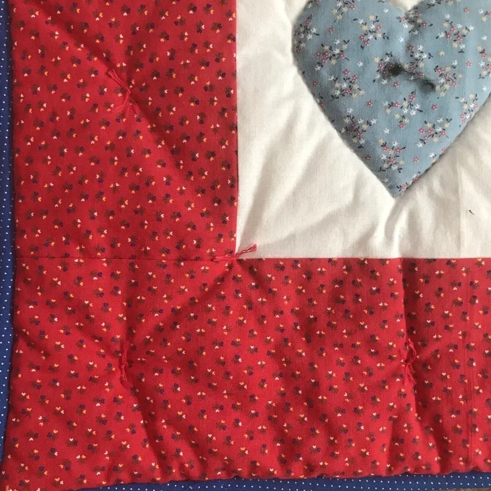 Hand tied puffy hearts quilt applique floral micro print‎ blue polka dot 33x34